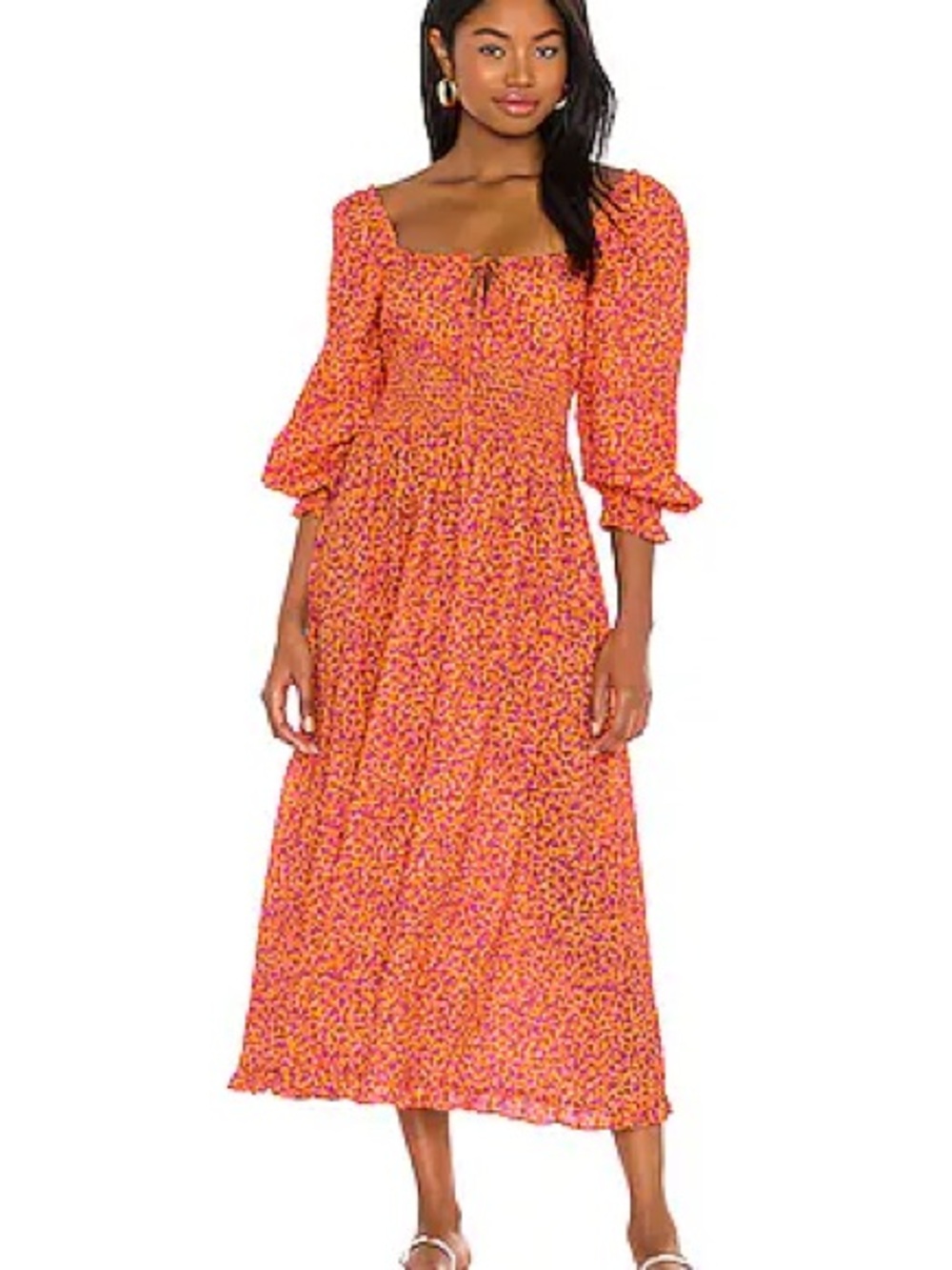 Peony Swimwear Garden Party Gathered Midi Dress Orange Floral Sz 6 NWT